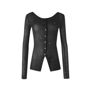 ourhour 满天星烫钻 黑色轻薄微透开衩亮闪开衫 女夏设计感防晒衣