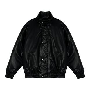 鹿家门新款宽松大码保暖皮夹克棉衣外套冬装男运动健身PU皮棉服男