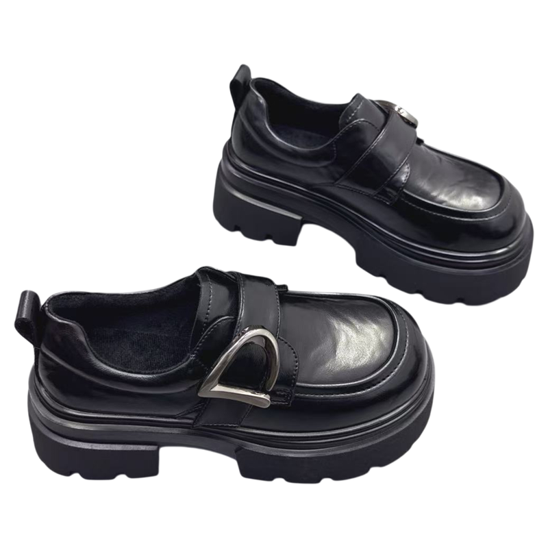 真皮女鞋小个子增高6CM加绒英伦风小皮鞋2025冬新款魔术贴乐福鞋