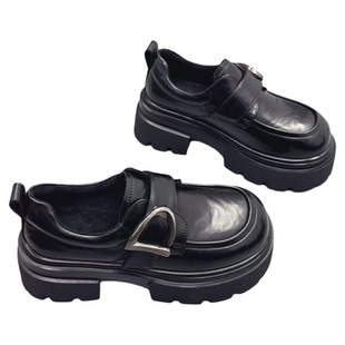 真皮女鞋小个子增高6CM加绒英伦风小皮鞋2025冬新款魔术贴乐福鞋