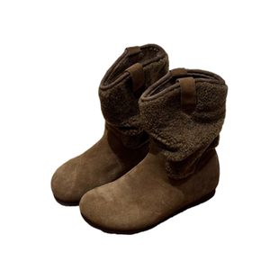 秋冬新款牛反绒皮堆堆勃肯靴羔毛真皮雪地靴中筒保暖加绒松果短靴