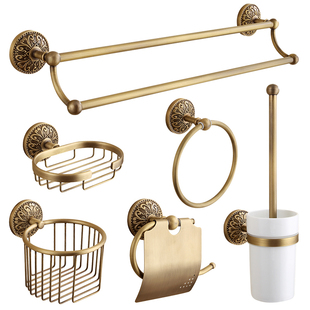 欧式复古黄铜卫生间卢浮浴巾架挂件套装浴室家用毛巾架置物架套装