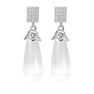 925银耳坠长款水滴形耳环ins潮女耳钉人工猫眼石白色耳饰简约银饰