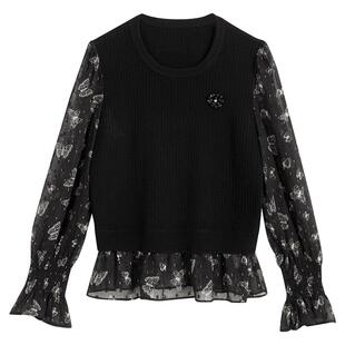 YINER音儿专选春季女装法式浪漫蝴蝶印花拼接假两件针织衫套头