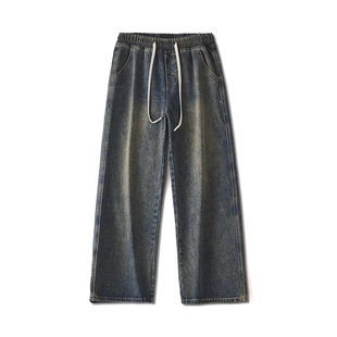 190高个子加长男裤冬季加绒加厚美式复古牛仔裤男潮牌阔腿长裤子