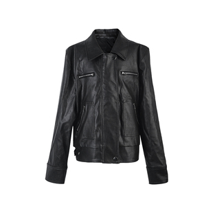 aaaaxbbb 鲁门啤酒厂 休闲慵懒感黑色短款皮衣女复古棕色外套