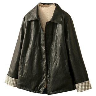 冬季大码200斤高级感长袖皮衣外套女胖MM宽松加绒保暖帅气上衣潮