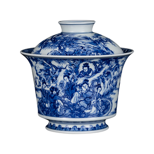 钟家窑 景德镇柴窑青花手绘重工《汉宫春晓图》收藏二才马蹄盖碗