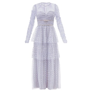 秋装新款网纱亮片绣花蝴蝶结圆领长袖蛋糕长款连衣裙性感透视礼服