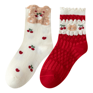 女童袜子春秋纯棉儿童秋冬新年袜本命年女孩宝宝冬款童袜红色袜子