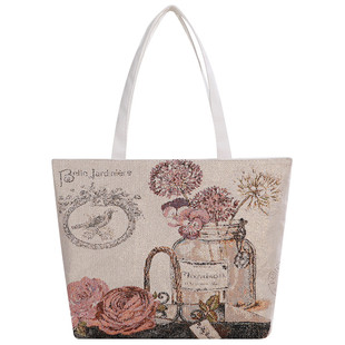 单肩包女帆布包女大容量带拉链时尚新款织布金丝卡通上课学生装书