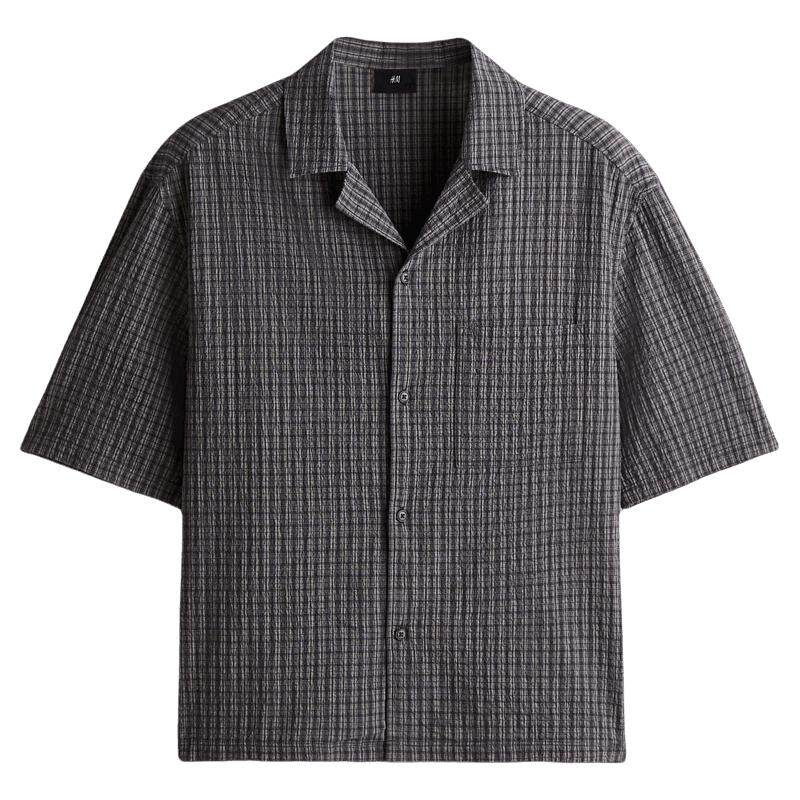 HM男装古巴领衬衫夏季宽松格子衫泡泡纱古法式衬衣1265306