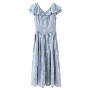 【清仓秒杀】夏法式温柔风裙子小个子小众独特蓝色v领条纹连衣裙