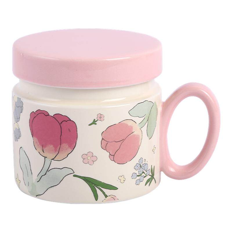 蓝莲花陶瓷杯子带盖水杯办公室女生茶杯茶水分离泡茶高颜值马克杯