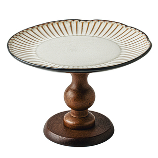 悠瓷 复古陶瓷果盘轻奢木质高脚托盘家用水果盘乔迁新居玄关摆件