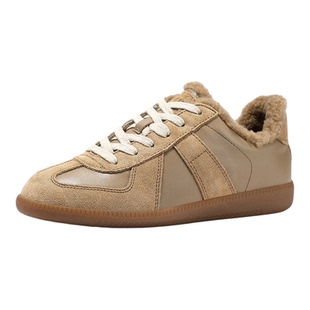 BellaLily2025年冬季新款复古牛皮休闲鞋女加绒板鞋百搭德训鞋子