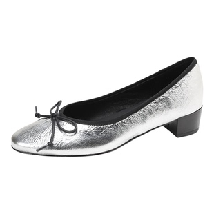 2026新款春季蝴蝶结真皮浅口银色百搭配裙子粗跟中跟芭蕾风单鞋女