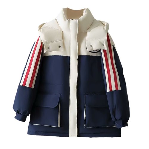 大码设计感连帽撞色羽绒棉服女2024冬季胖mm宽松百搭白鸭绒衣服潮