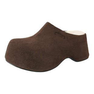 MILLIE'S/妙丽加绒保暖真皮包头拖鞋半包一脚蹬鞋厚底穆勒鞋外穿