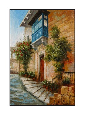 油画建筑厚油肌理入户走廊装饰画