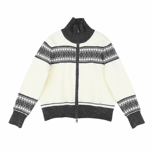 精分 北欧雪夜 撞色菱格纹学院风针织毛衣开衫 复古百搭高领上衣