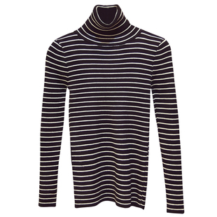 秋冬季新款黑白条纹针织衫女套头网红高领毛衣长袖百搭打底衫上衣