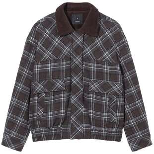 热风女士夹克外套上衣2025年冬季新款复古翻领格纹棉服大口袋外套