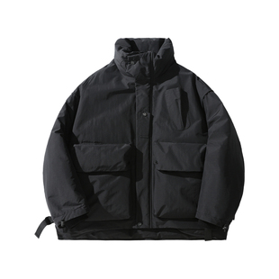 ALLIN 工装羽绒服男冬季黑色大口袋鸭绒加厚保暖短款立领情侣外套