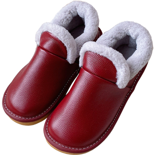 牛皮包跟棉鞋女冬季室内带后跟居家防滑保暖厚底男士真皮软底冬天