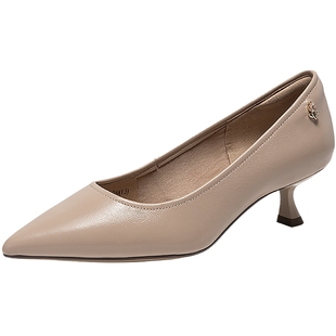 千百度羊皮裸色细高跟鞋女气质百搭新款尖头通勤浅口正装法式单鞋