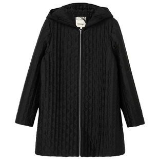 布景棉服女中长款冬季新品简约通勤连帽黑色直筒宽松外套棉衣1508