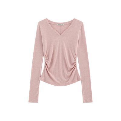 立体抽褶收腰V领长袖T恤