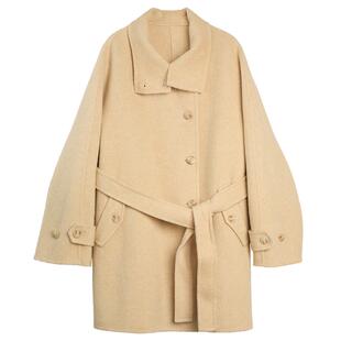 ELLE鹅黄色立领毛呢外套女2026春季新款简约通勤羊毛双面呢大衣