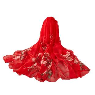 大红丝巾女秋冬季高级感洋气披肩百搭中老年妈妈围巾超大舞蹈纱巾