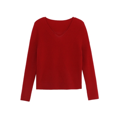 V领纯色套头针织羊毛衫