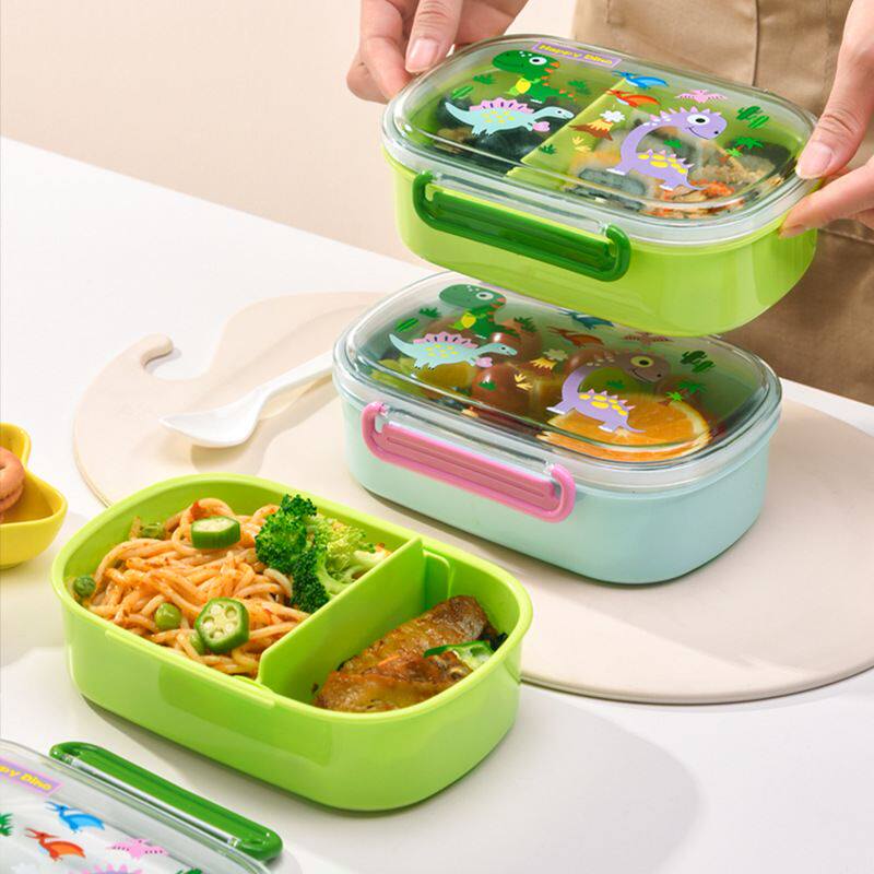 新款食品级PP可爱卡通儿童密封套保鲜盒便当盒餐具分格恐龙饭盒小