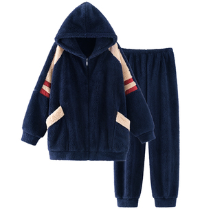 男士睡衣秋冬季珊瑚绒加厚加绒青少年休闲连帽大码家居服冬天套装