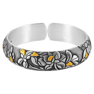 银千造 白玉兰足银999实心开口泥鳅背银手镯非遗镶金玉兰花银镯子