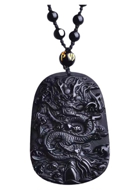 黑曜石琉璃吊坠黑色龙牌霸气项链