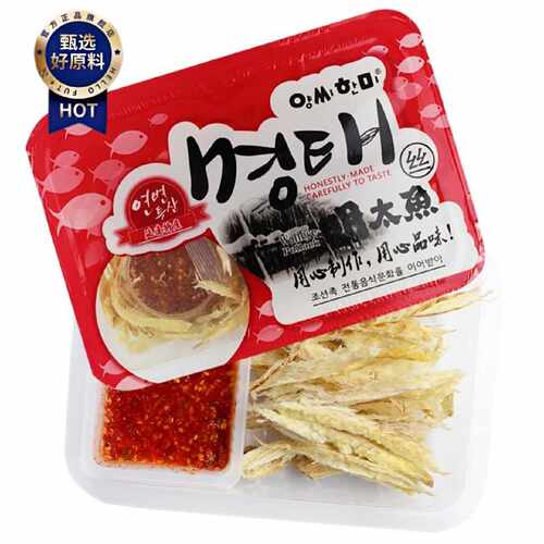 新货香辣延边明太鱼丝盒装韩味明太鱼肉干带蘸料特色下酒追剧零食