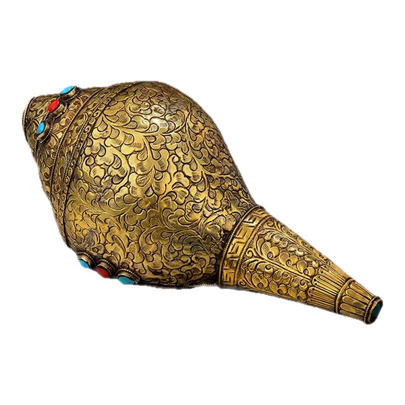 纯铜手工雕花尼泊尔海螺复古做旧居家八供摆件用品大号海螺24cm