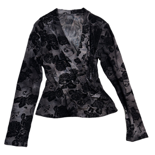 VANLU | lady法式优雅 重工植绒花色V领褶皱长袖围裹式T恤上衣女