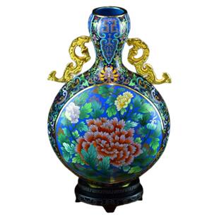 张向东景泰蓝花瓶15寸双龙耳扁玉壶春传统手工紫铜胎掐丝珐琅摆件