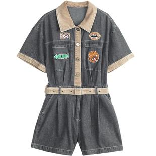 KEIKO 美式工装牛仔裤连体裤春夏复古薄款收腰显高显瘦连身衣短裤