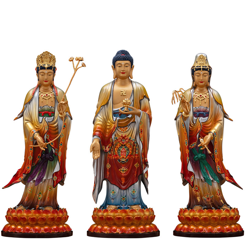 纯铜彩绘西方三圣佛像供奉摆件