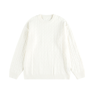 NEVERNEED白色绞花圆领毛衣男秋季美式复古慵懒风情侣宽松针织衫