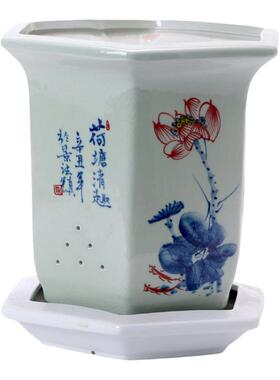 手绘花盆陶瓷带托盘大号