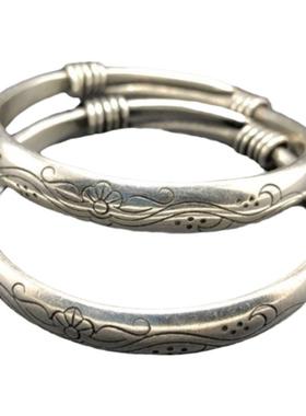 银镯子一对民族风镯子纯手工苗银雕花实心手镯复古做旧手环