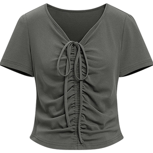 KBNE短袖女灰色T恤泽西风针织薄款抽绳收腰2025夏季新款百搭上衣