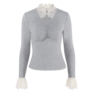 韩语琳 灰色长袖v领针织衫女2025新款春季打底衫短款修身内搭上衣